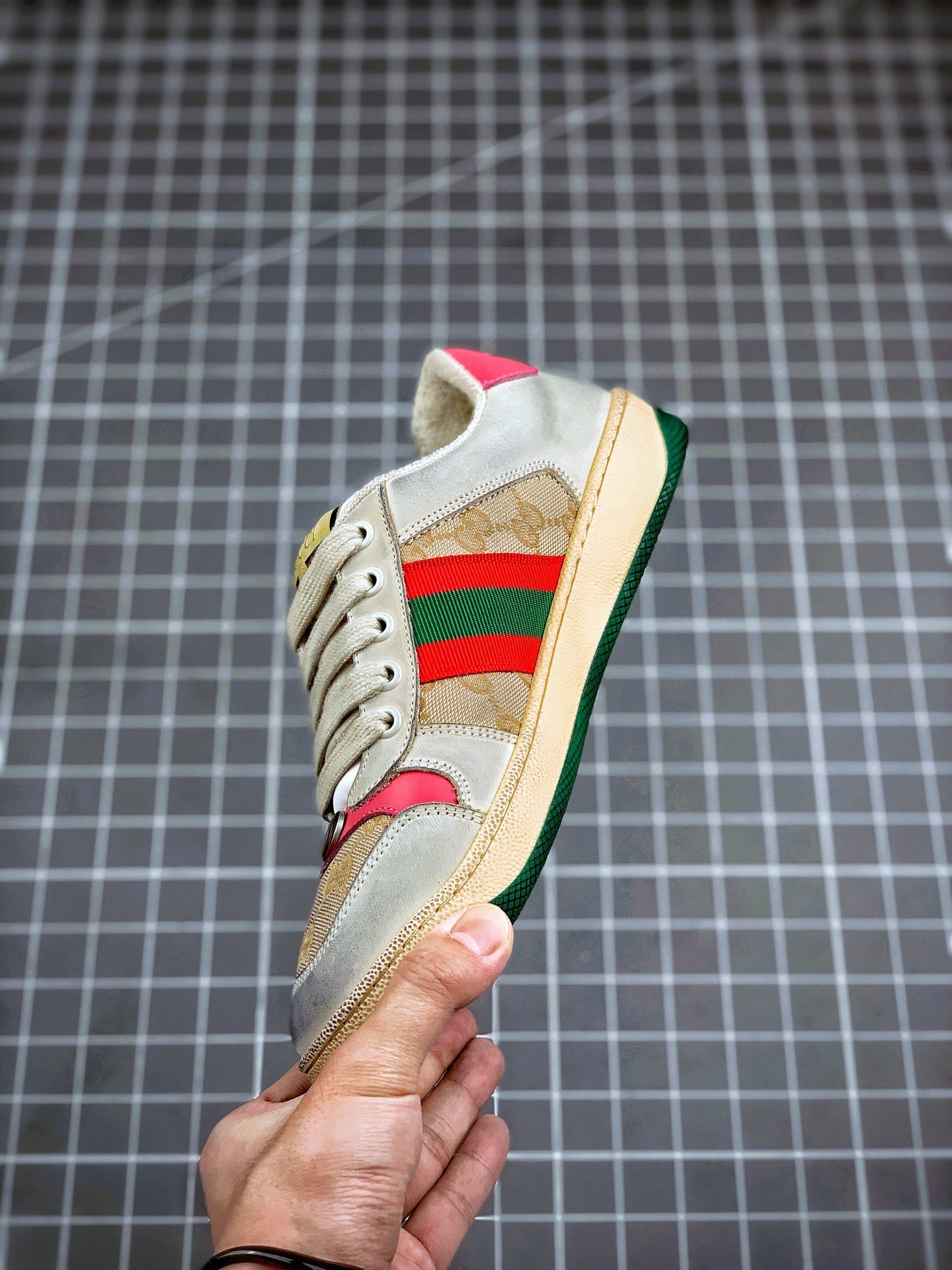 Gucci Distressed Screener Sneaker Grey/Green/Red 11