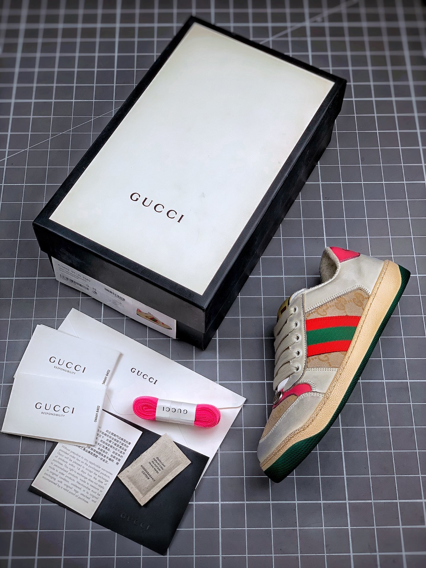 Gucci Distressed Screener Sneaker Grey/Green/Red 13