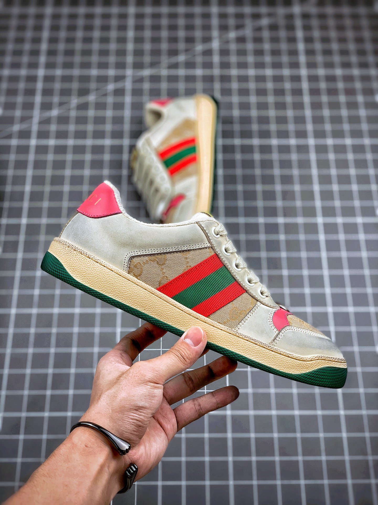 Gucci Distressed Screener Sneaker Grey/Green/Red 15