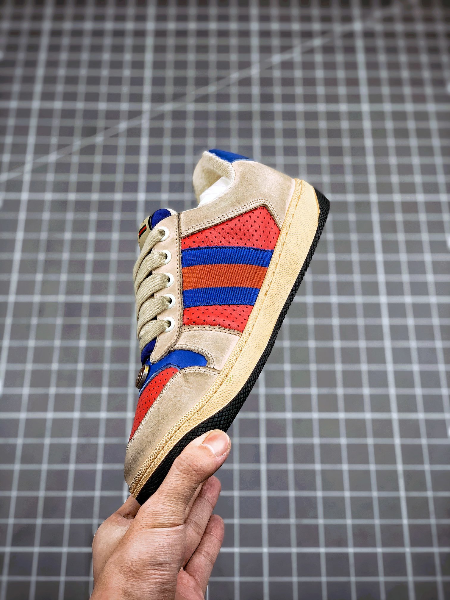 Gucci Distressed Screener Sneaker Khaki/Blue/Red 7