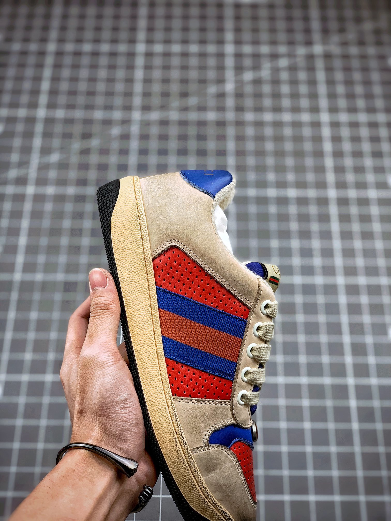 Gucci Distressed Screener Sneaker Khaki/Blue/Red 13