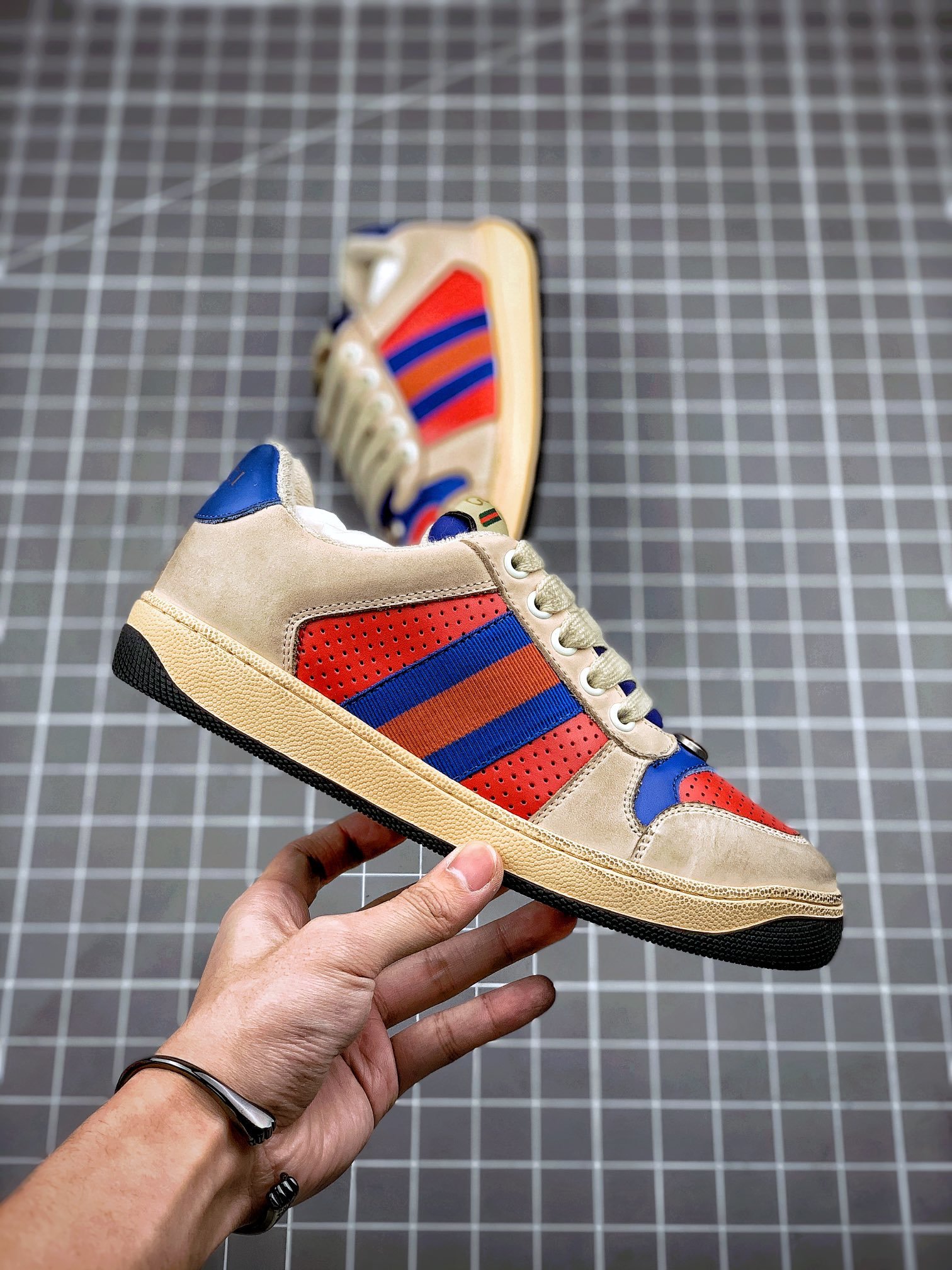 Gucci Distressed Screener Sneaker Khaki/Blue/Red 15