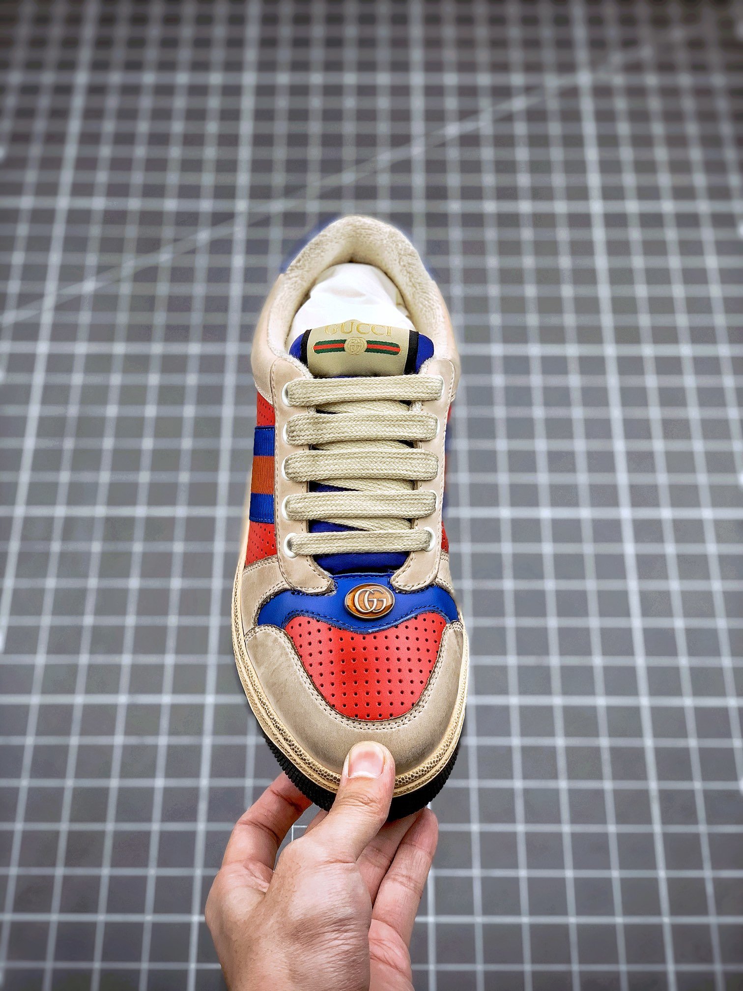 Gucci Distressed Screener Sneaker Khaki/Blue/Red 17